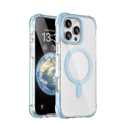 Apple iPhone 16 Pro Case Magsafe Charging Featured Stone and Silvery Design Mutural Blink Cover Blue