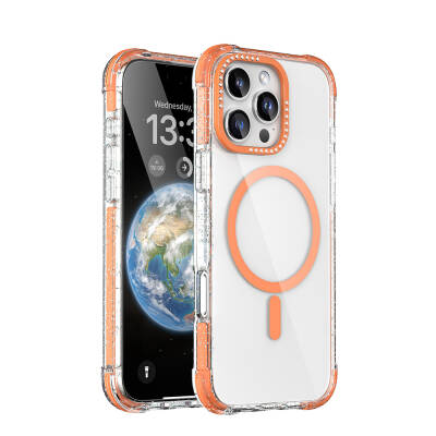 Apple iPhone 16 Pro Case Magsafe Charging Featured Stone and Silvery Design Mutural Blink Cover Orange