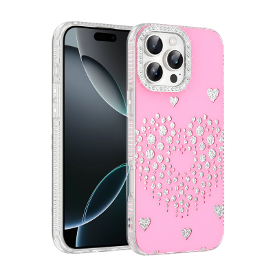 Apple iPhone 16 Pro Case Rhinestone Embellishment Zore Rivas Hard PC Cover Pink