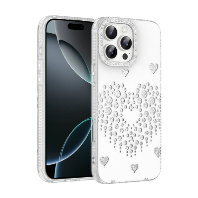 Apple iPhone 16 Pro Case Rhinestone Embellishment Zore Rivas Hard PC Cover White