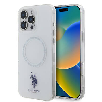 Apple iPhone 16 Pro Case U.S. Polo Assn. Original Licensed Magsafe Charging Feature Ring Cover with IML Double Horse Logo White