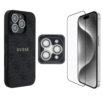 Apple iPhone 16 Pro Guess Original Licensed Case + Screen Protector + Lens Protector 3in1 Accessory Set Black