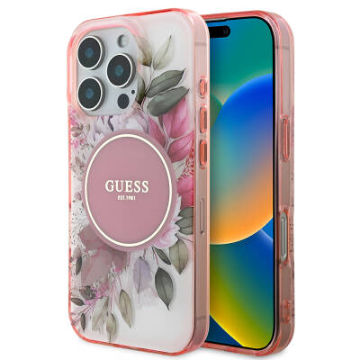 Apple iPhone 16 Pro Guess Original Licensed Magsafe Charging Feature Flower Tonal Circle Cover Pink