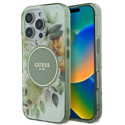 Apple iPhone 16 Pro Guess Original Licensed Magsafe Charging Feature Flower Tonal Circle Cover Green