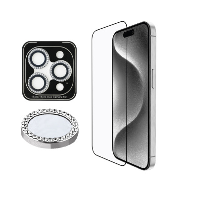 Apple iPhone 16 Pro Guess Original Licensed Rhinestone Screen Protector + Lens Protector 2in1 Accessory Set Silver