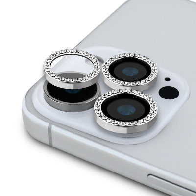 Apple iPhone 16 Pro Guess Orjinal Lisanslı Rhinestone Taşlı Lens Koruyucu Gümüş