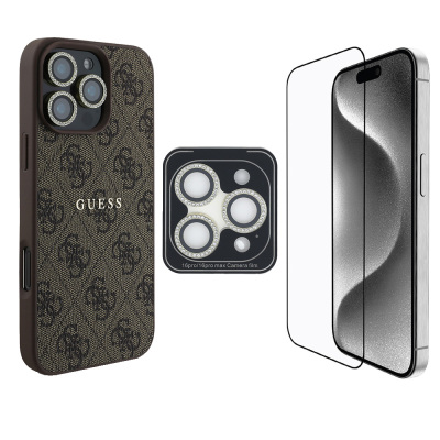 Apple iPhone 16 Pro Guess Orjinal Lisanslı Kılıf + Ekran Koruyucu + Lens Koruyucu 3in1 Aksesuar Seti Kahverengi