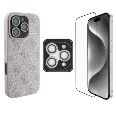 Apple iPhone 16 Pro Guess Orjinal Lisanslı Kılıf + Ekran Koruyucu + Lens Koruyucu 3in1 Aksesuar Seti Pembe