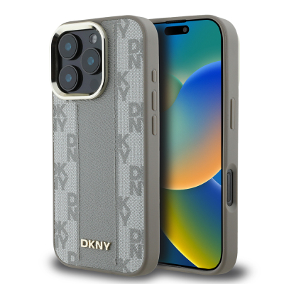 Apple iPhone 16 Pro Kılıf DKNY Orjinal Lisanslı Magsafe Şarj Özellikli 3D Yazılı Checkered Pattern Kapak Bej