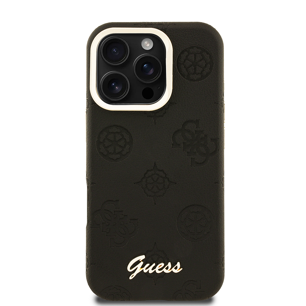 Apple iPhone 16 Pro Kılıf Guess Orjinal Lisanslı M-safe Şarj Özellikli Sıcak Baskılı Yazı Logolu Kamera Standlı PU Deri Peony Kapak - 6