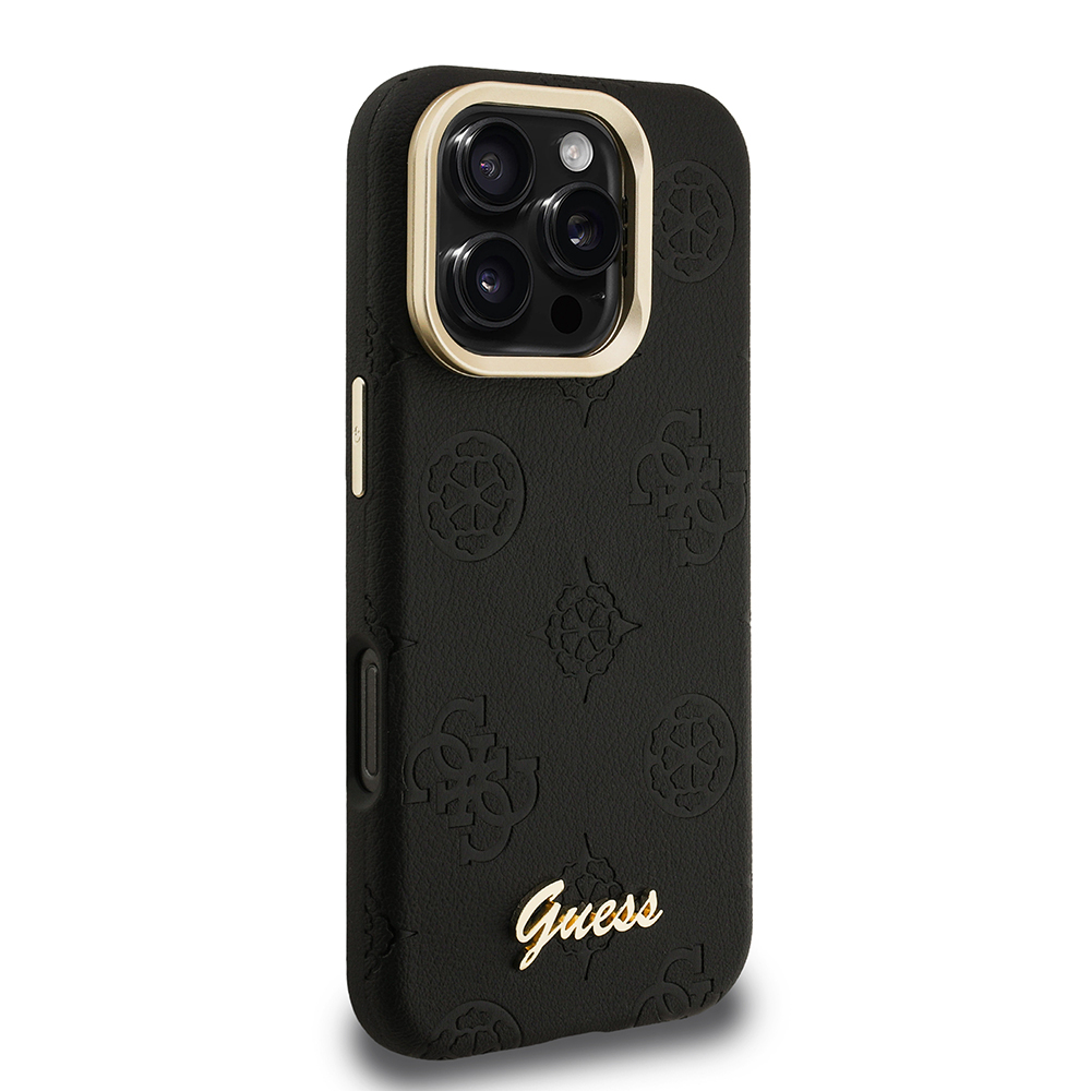 Apple iPhone 16 Pro Kılıf Guess Orjinal Lisanslı M-safe Şarj Özellikli Sıcak Baskılı Yazı Logolu Kamera Standlı PU Deri Peony Kapak - 7