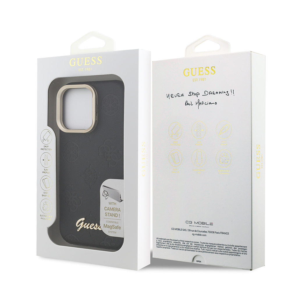Apple iPhone 16 Pro Kılıf Guess Orjinal Lisanslı M-safe Şarj Özellikli Sıcak Baskılı Yazı Logolu Kamera Standlı PU Deri Peony Kapak - 11