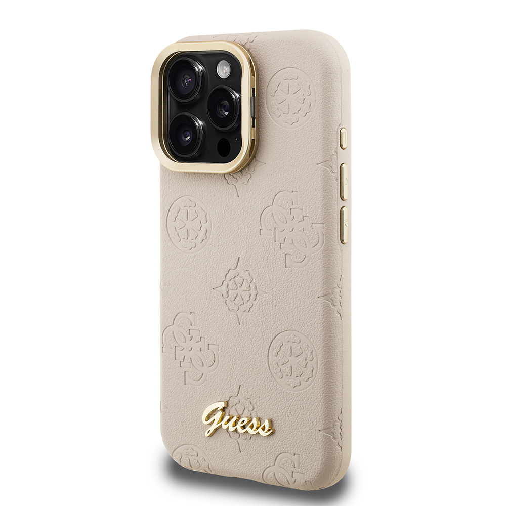 Apple iPhone 16 Pro Kılıf Guess Orjinal Lisanslı M-safe Şarj Özellikli Sıcak Baskılı Yazı Logolu Kamera Standlı PU Deri Peony Kapak - 12