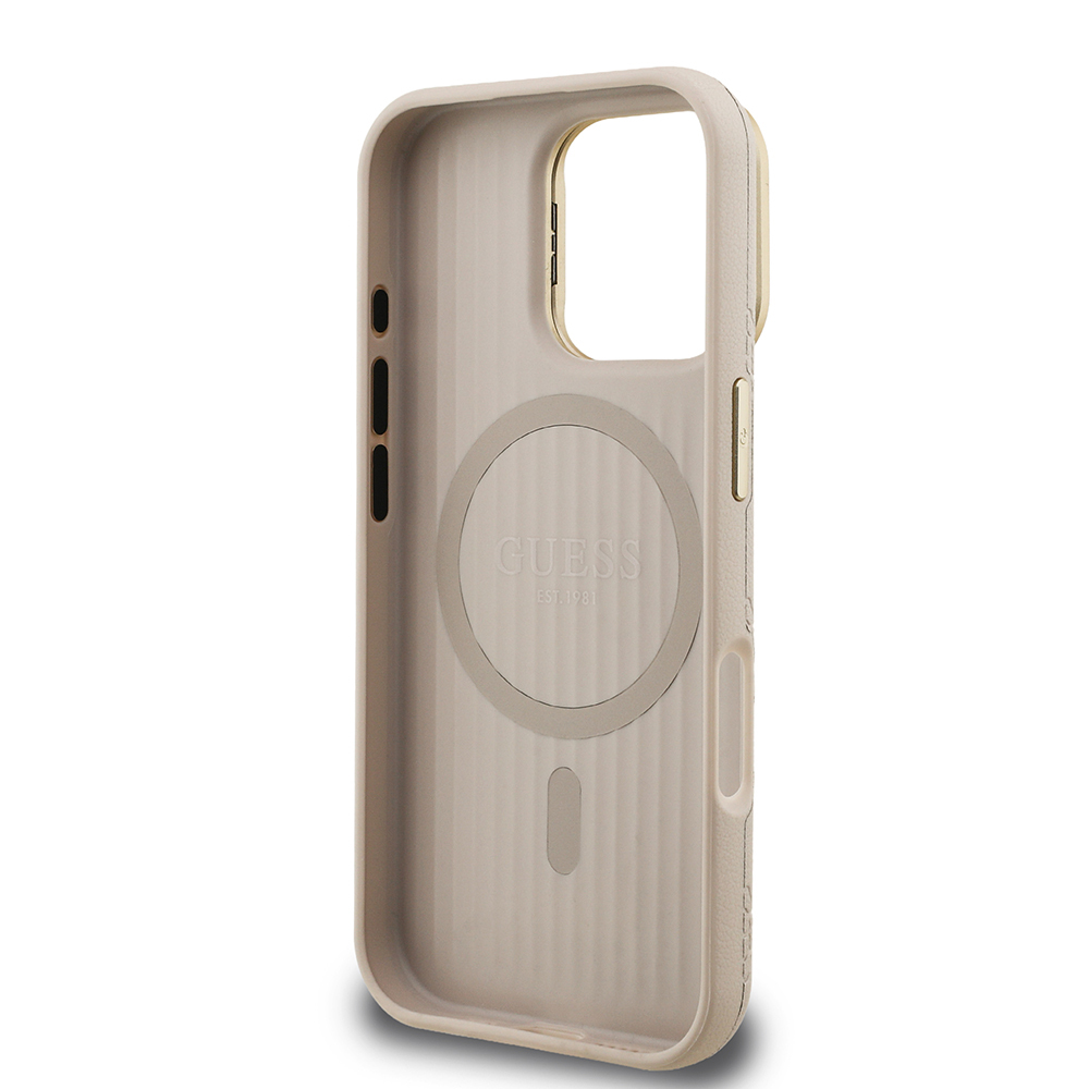Apple iPhone 16 Pro Kılıf Guess Orjinal Lisanslı M-safe Şarj Özellikli Sıcak Baskılı Yazı Logolu Kamera Standlı PU Deri Peony Kapak - 17