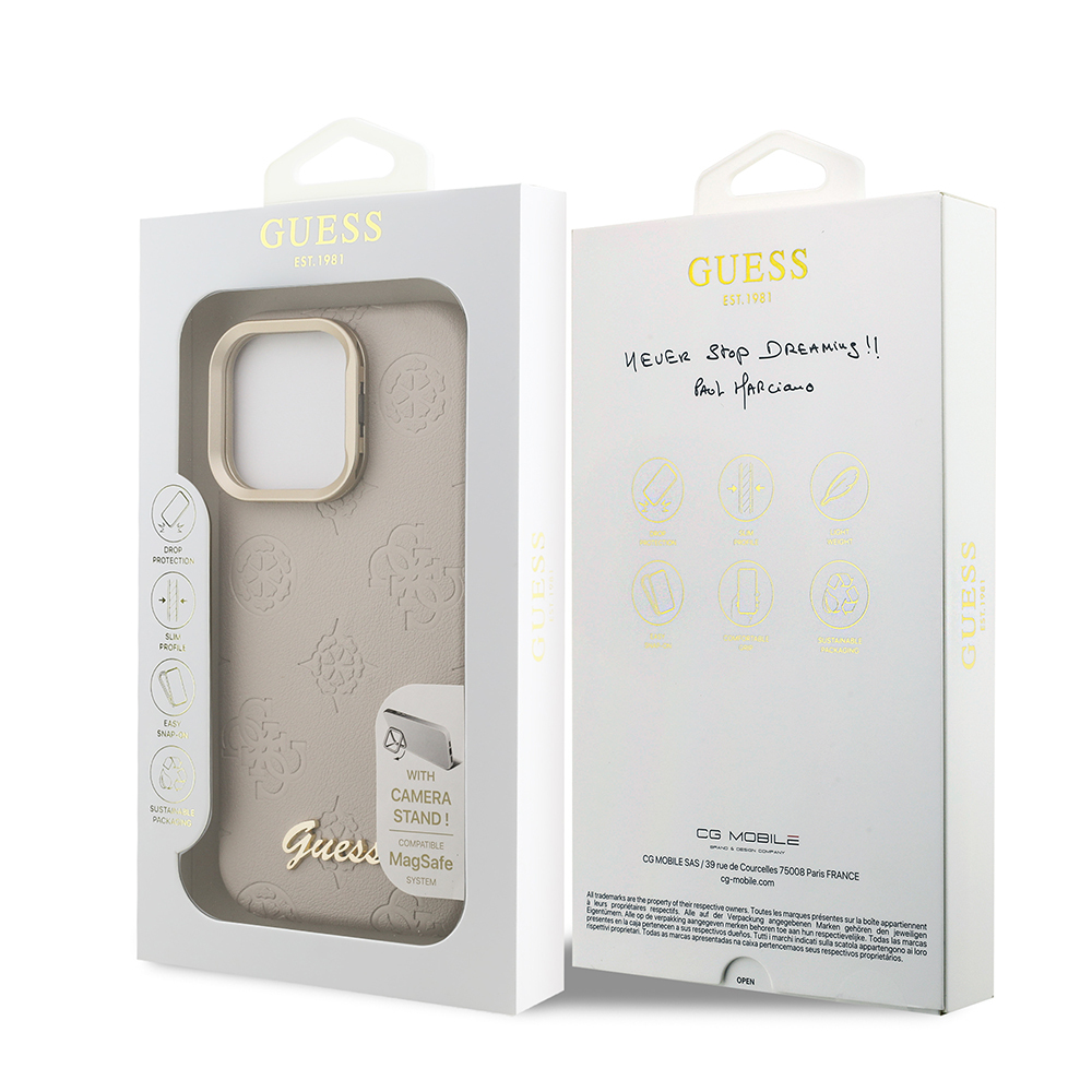 Apple iPhone 16 Pro Kılıf Guess Orjinal Lisanslı M-safe Şarj Özellikli Sıcak Baskılı Yazı Logolu Kamera Standlı PU Deri Peony Kapak - 18