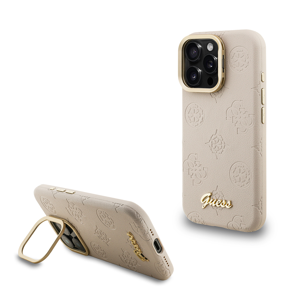Apple iPhone 16 Pro Kılıf Guess Orjinal Lisanslı M-safe Şarj Özellikli Sıcak Baskılı Yazı Logolu Kamera Standlı PU Deri Peony Kapak - 3