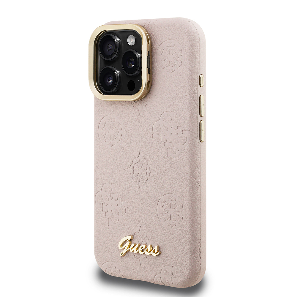 Apple iPhone 16 Pro Kılıf Guess Orjinal Lisanslı M-safe Şarj Özellikli Sıcak Baskılı Yazı Logolu Kamera Standlı PU Deri Peony Kapak - 19