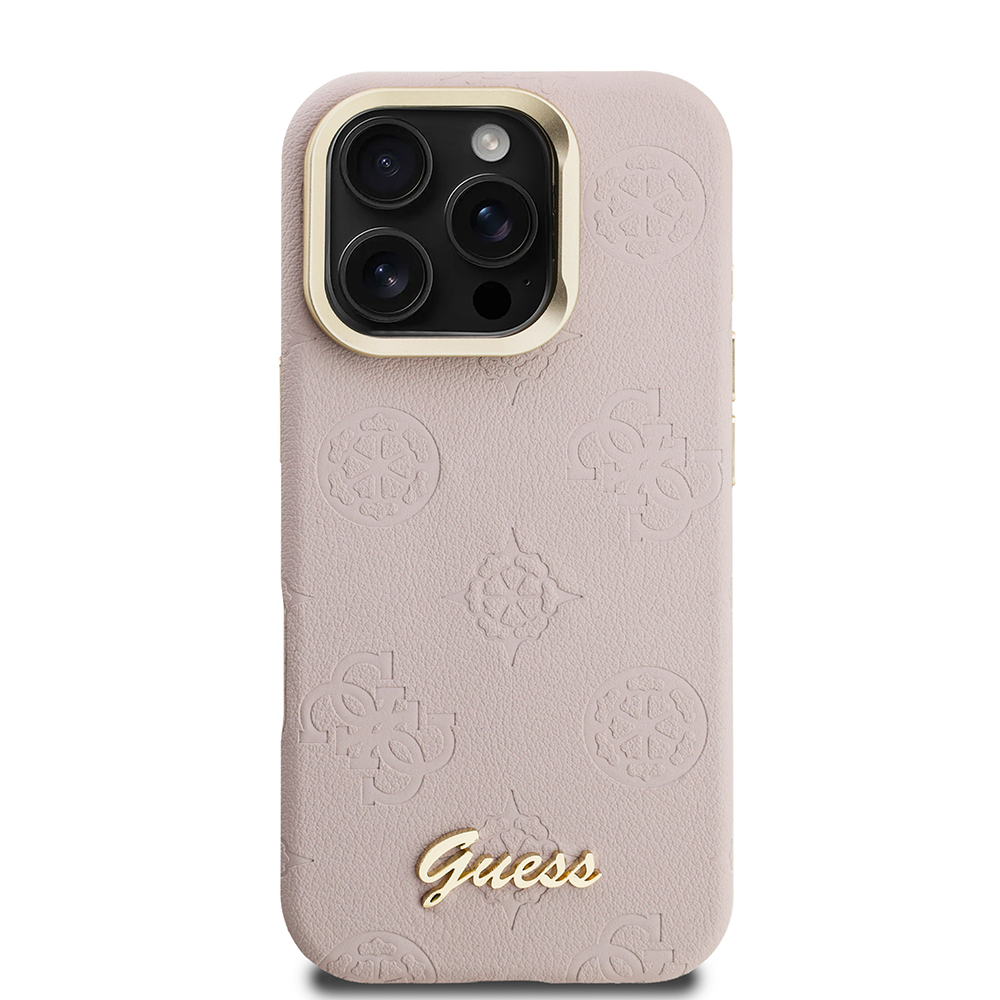 Apple iPhone 16 Pro Kılıf Guess Orjinal Lisanslı M-safe Şarj Özellikli Sıcak Baskılı Yazı Logolu Kamera Standlı PU Deri Peony Kapak - 20