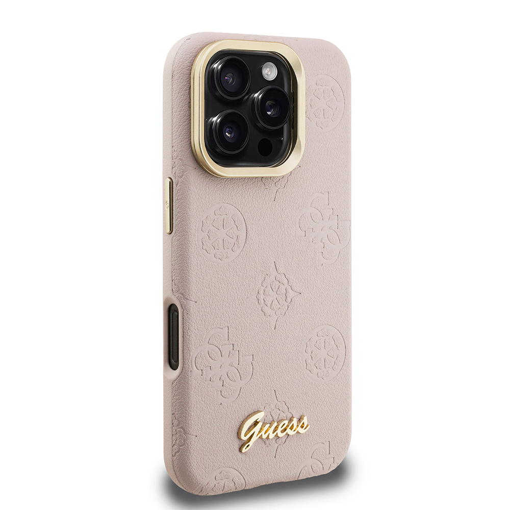 Apple iPhone 16 Pro Kılıf Guess Orjinal Lisanslı M-safe Şarj Özellikli Sıcak Baskılı Yazı Logolu Kamera Standlı PU Deri Peony Kapak - 21