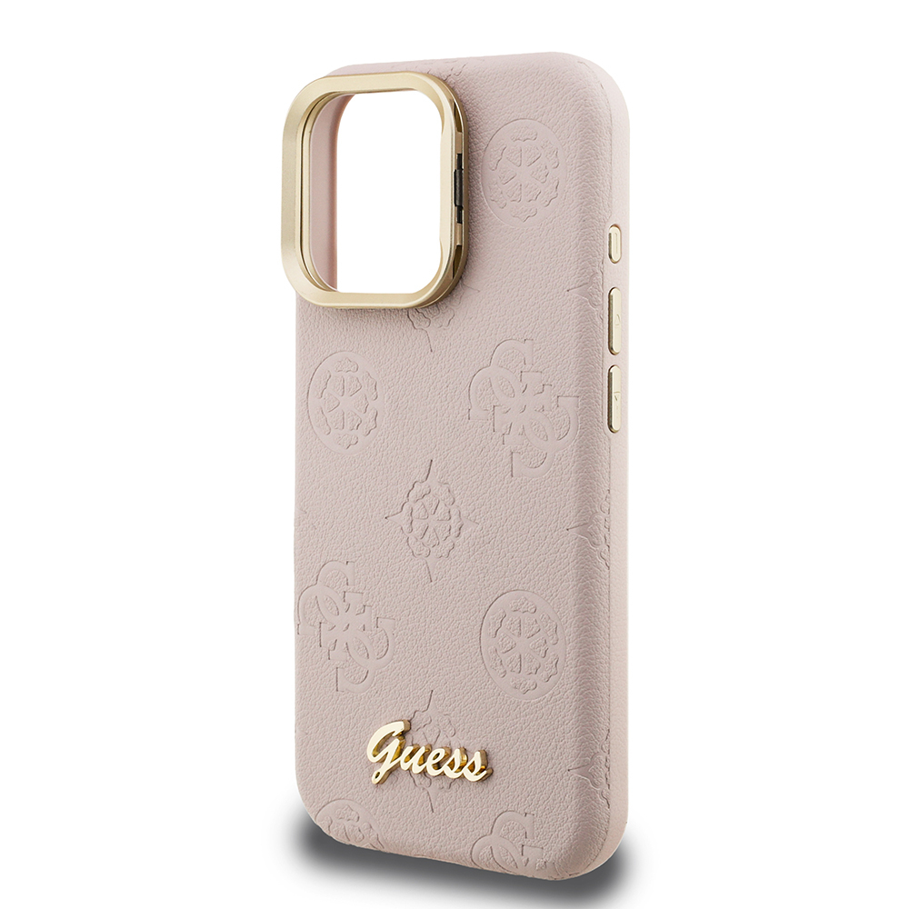 Apple iPhone 16 Pro Kılıf Guess Orjinal Lisanslı M-safe Şarj Özellikli Sıcak Baskılı Yazı Logolu Kamera Standlı PU Deri Peony Kapak - 23
