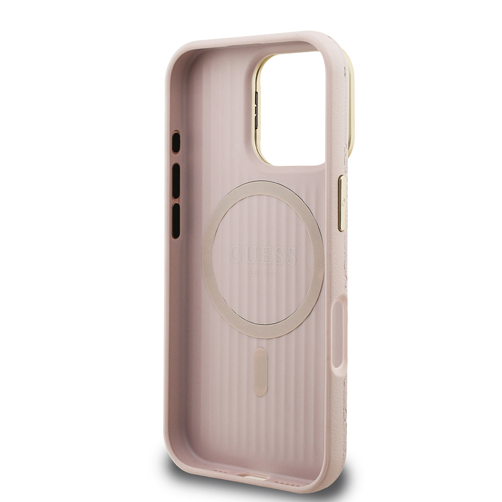 Apple iPhone 16 Pro Kılıf Guess Orjinal Lisanslı M-safe Şarj Özellikli Sıcak Baskılı Yazı Logolu Kamera Standlı PU Deri Peony Kapak - 24