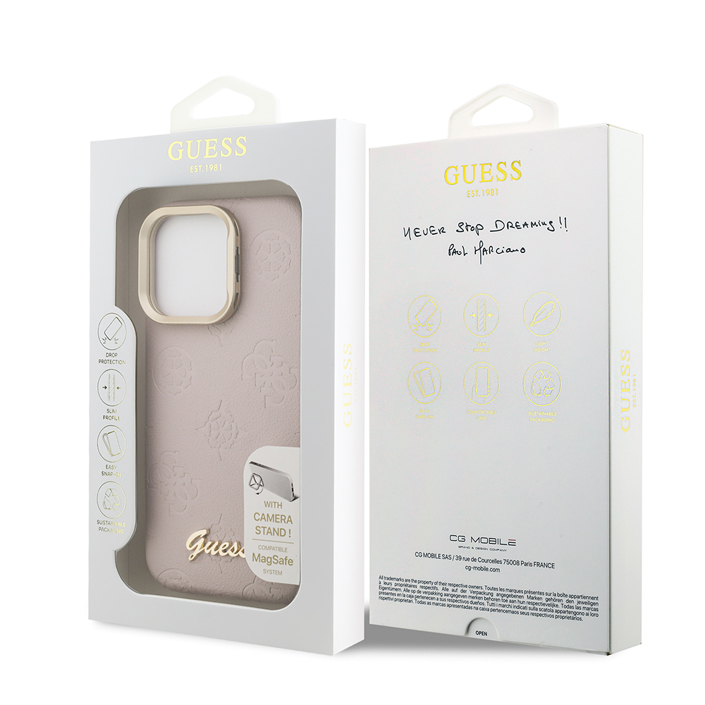 Apple iPhone 16 Pro Kılıf Guess Orjinal Lisanslı M-safe Şarj Özellikli Sıcak Baskılı Yazı Logolu Kamera Standlı PU Deri Peony Kapak - 25