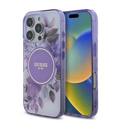 Apple iPhone 16 Pro Kılıf Guess Orjinal Lisanslı Magsafe Şarj Özellikli Flower Tonal Circle Kapak Mor