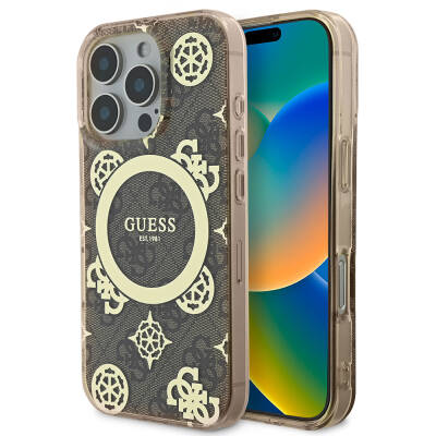 Apple iPhone 16 Pro Kılıf Guess Orjinal Lisanslı Magsafe Şarj Özellikli IML Peony ve 4G Desenli Klasik Logolu Kapak Kahverengi