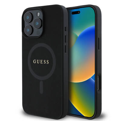 Apple iPhone 16 Pro Kılıf Guess Orjinal Lisanslı Magsafe Şarj Özellikli Yazı Logolu Saffiano Classic Kapak Siyah