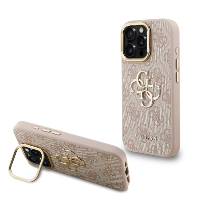 Apple iPhone 16 Pro Kılıf Guess Orjinal Lisanslı PU Deri 4G Desenli Metal Büyük 4G ve Yazı Logolu Kamera Standlı Kapak Pembe