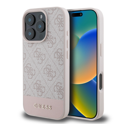 Apple iPhone 16 Pro Kılıf Guess Orjinal Lisanslı PU Deri Şerit Logo Dizaynlı Kapak Pembe