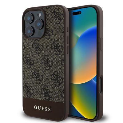 Apple iPhone 16 Pro Kılıf Guess Orjinal Lisanslı PU Deri Şerit Logo Dizaynlı Kapak Kahverengi