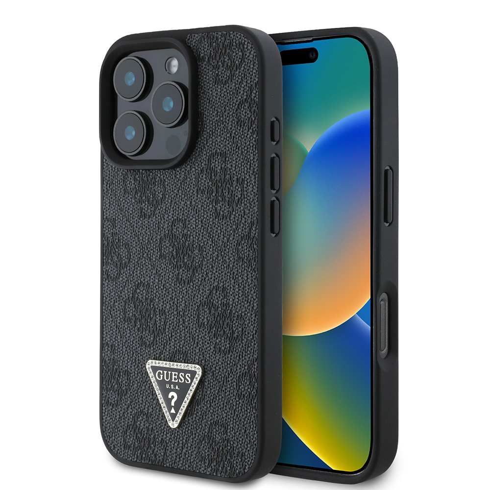 Apple iPhone 16 Pro Kılıf Guess Orjinal Lisanslı PU Deri Taşlı Üçgen Logo 4G Desenli Strass Kapak - 3