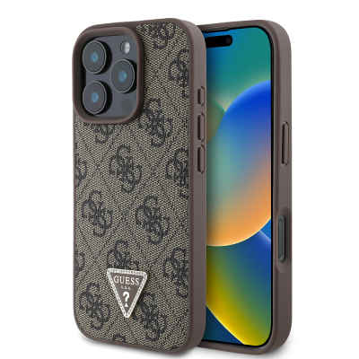Apple iPhone 16 Pro Kılıf Guess Orjinal Lisanslı PU Deri Taşlı Üçgen Logo 4G Desenli Strass Kapak Kahverengi