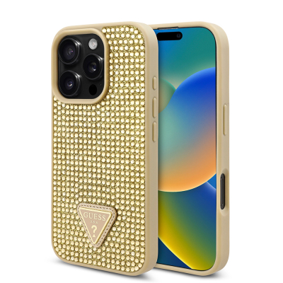 Apple iPhone 16 Pro Kılıf Guess Orjinal Lisanslı Taşlı Arka Yüzey Üçgen Logolu Kapak Gold