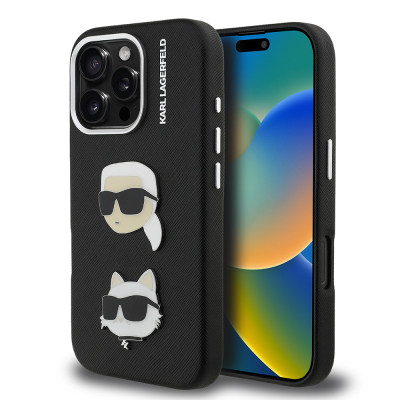 Apple iPhone 16 Pro Kılıf Karl Lagerfeld Orjinal Lisanslı K&C Heads Pin Kapak Siyah