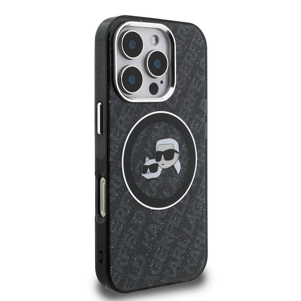 Apple iPhone 16 Pro Kılıf Karl Lagerfeld Orjinal Lisanslı Parlayan Simli Karl & Choupette Heads Kapak - 5