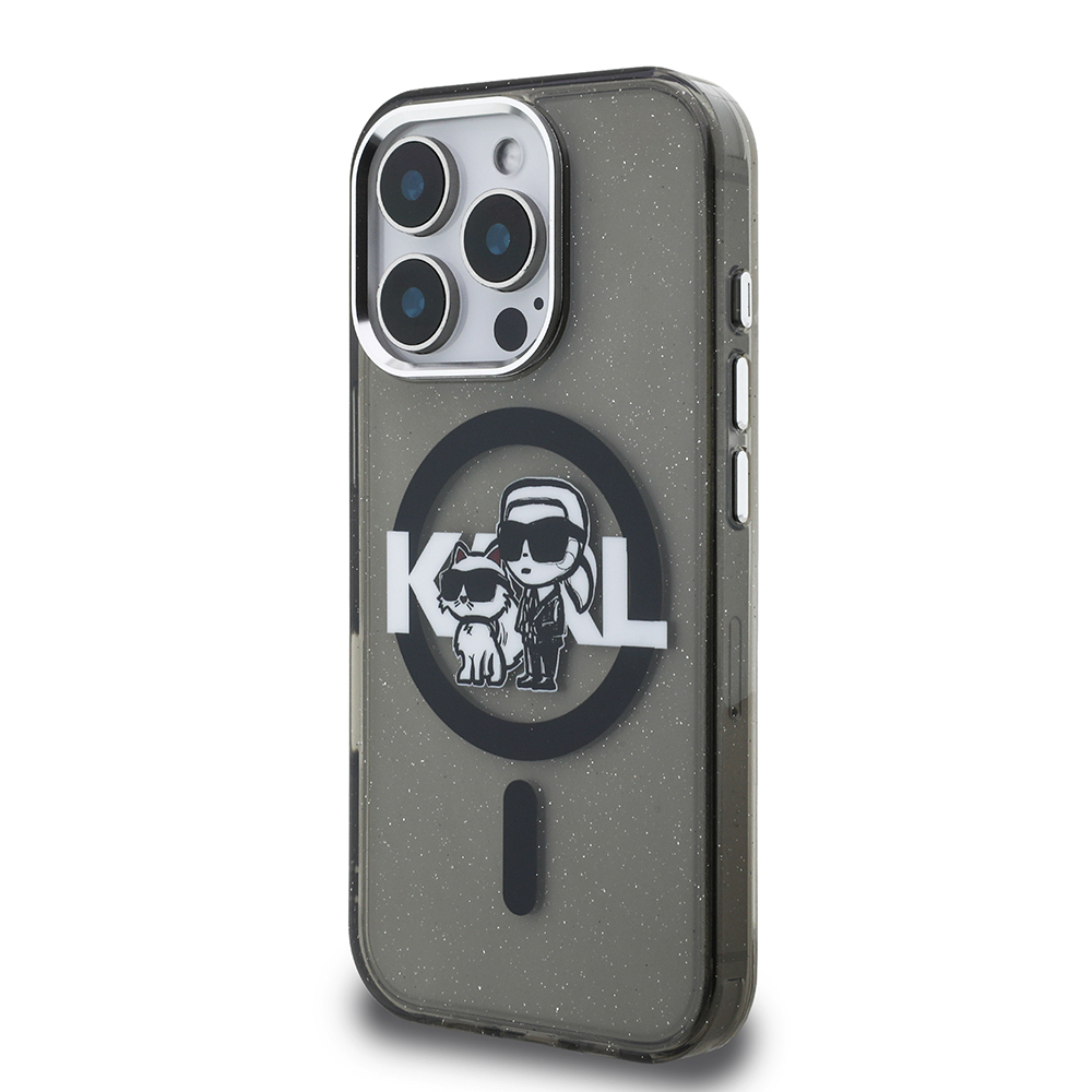 Apple iPhone 16 Pro Kılıf Karl Lagerfeld Orjinal Lisanslı Parlayan Simli Karl & Choupette Sketch Logo Kapak - 3
