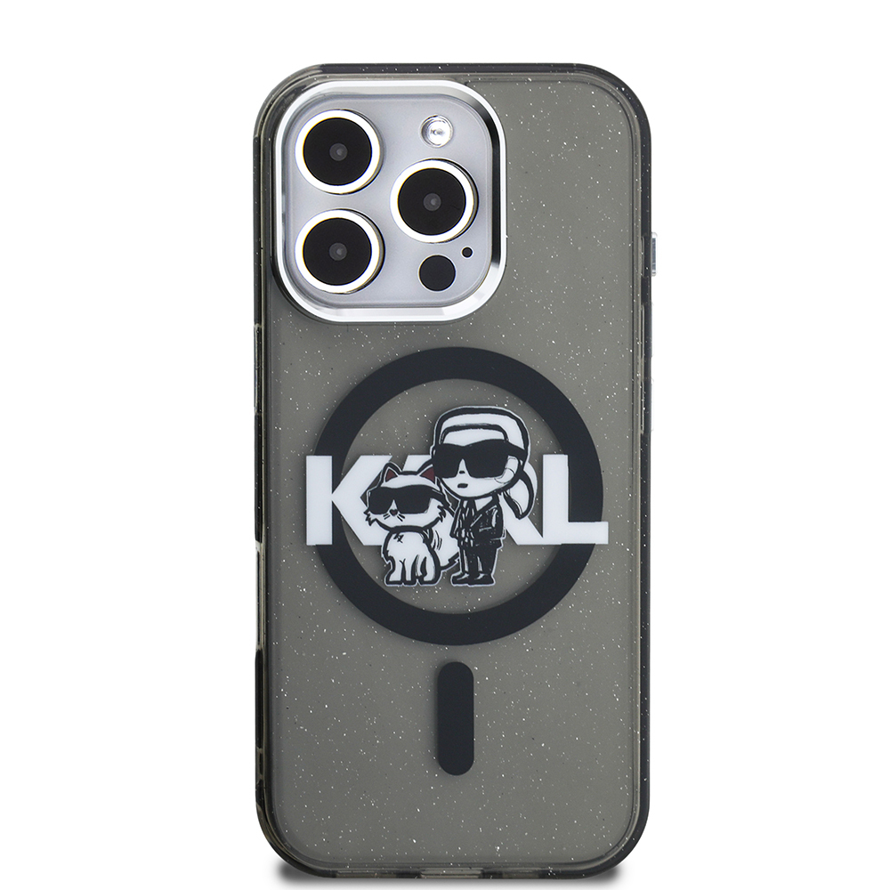Apple iPhone 16 Pro Kılıf Karl Lagerfeld Orjinal Lisanslı Parlayan Simli Karl & Choupette Sketch Logo Kapak - 4