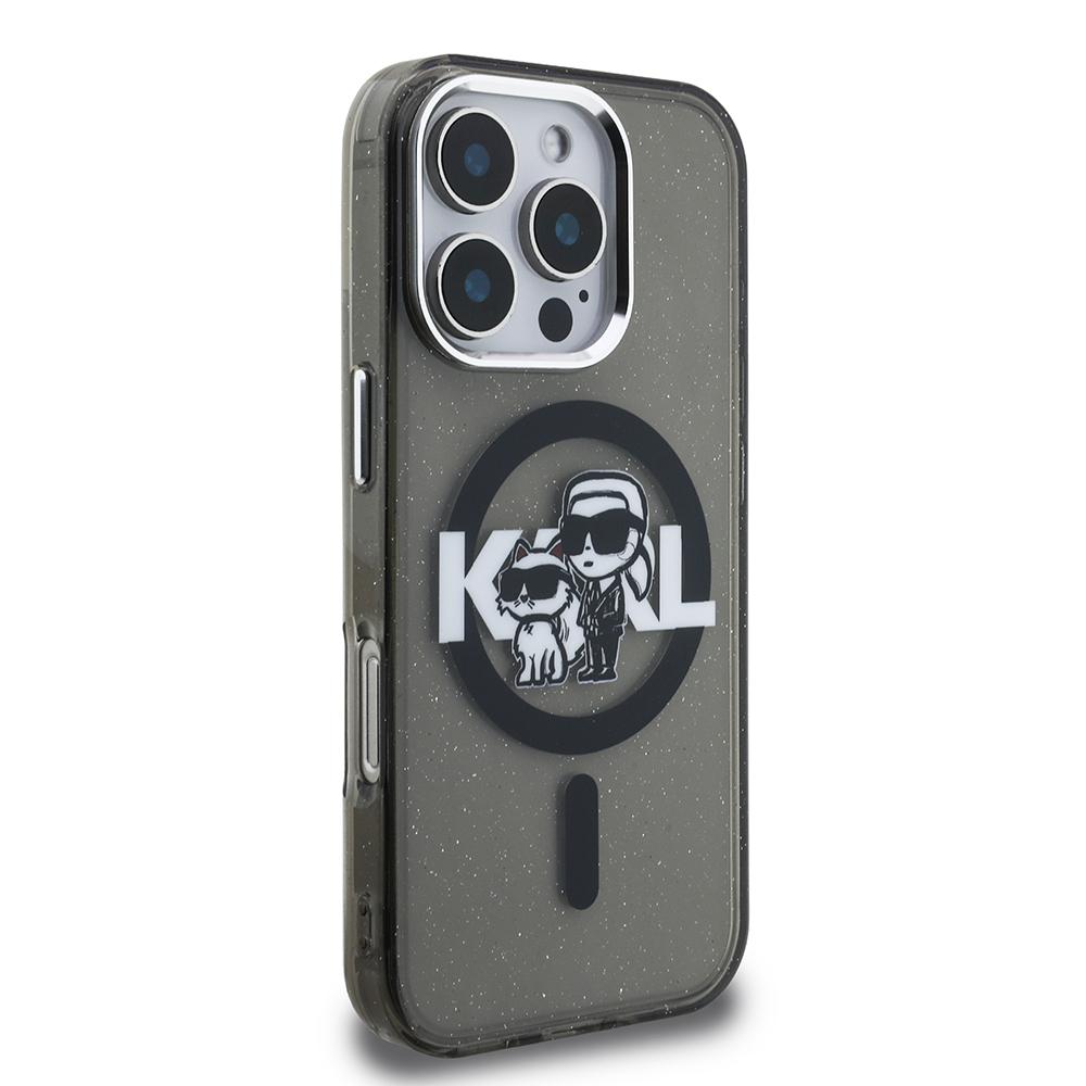 Apple iPhone 16 Pro Kılıf Karl Lagerfeld Orjinal Lisanslı Parlayan Simli Karl & Choupette Sketch Logo Kapak - 5