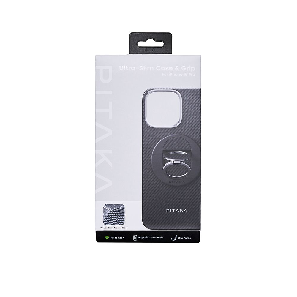 Apple iPhone 16 Pro Kılıf M-safe Şarj Özellikli Grip 3 Standlı 600D Aramid Fiber Pitaka Ultra-Slim Classic Serisi Black-Grey Twill Kapak - 4