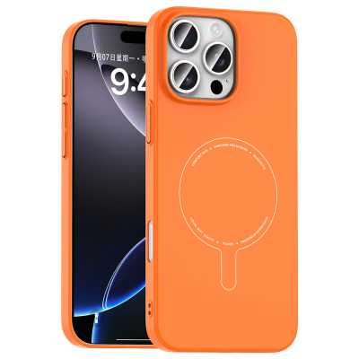 Apple iPhone 16 Pro Kılıf M-Safe Şarj Özellikli Kamera Korumalı Zore Elio Sert PC Kapak Turuncu