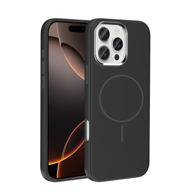 Apple iPhone 16 Pro Kılıf M-Safe Şarj Özellikli Metal Kamera Çerçeveli Zore Edi Silikon Kapak Siyah