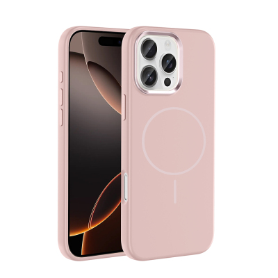 Apple iPhone 16 Pro Kılıf M-Safe Şarj Özellikli Metal Kamera Çerçeveli Zore Edi Silikon Kapak Rose Gold