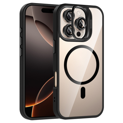 Apple iPhone 16 Pro Kılıf Standlı ve Kamera Lens Hediyeli M-Safe Şarj Özellikli Zore Etro Kapak Siyah
