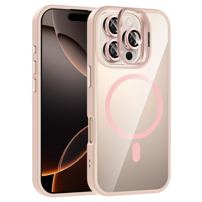 Apple iPhone 16 Pro Kılıf Standlı ve Kamera Lens Hediyeli M-Safe Şarj Özellikli Zore Etro Kapak Pembe