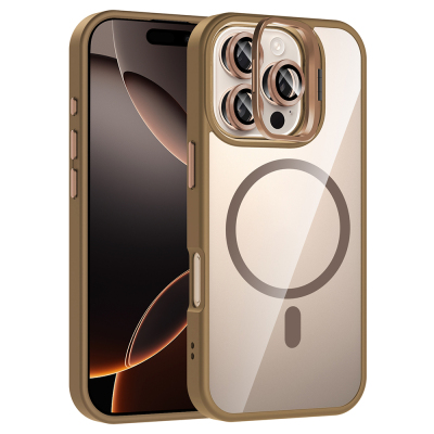 Apple iPhone 16 Pro Kılıf Standlı ve Kamera Lens Hediyeli M-Safe Şarj Özellikli Zore Etro Kapak Desert Titanyum