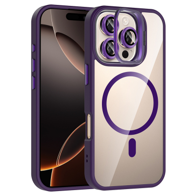 Apple iPhone 16 Pro Kılıf Standlı ve Kamera Lens Hediyeli M-Safe Şarj Özellikli Zore Etro Kapak Derin Mor