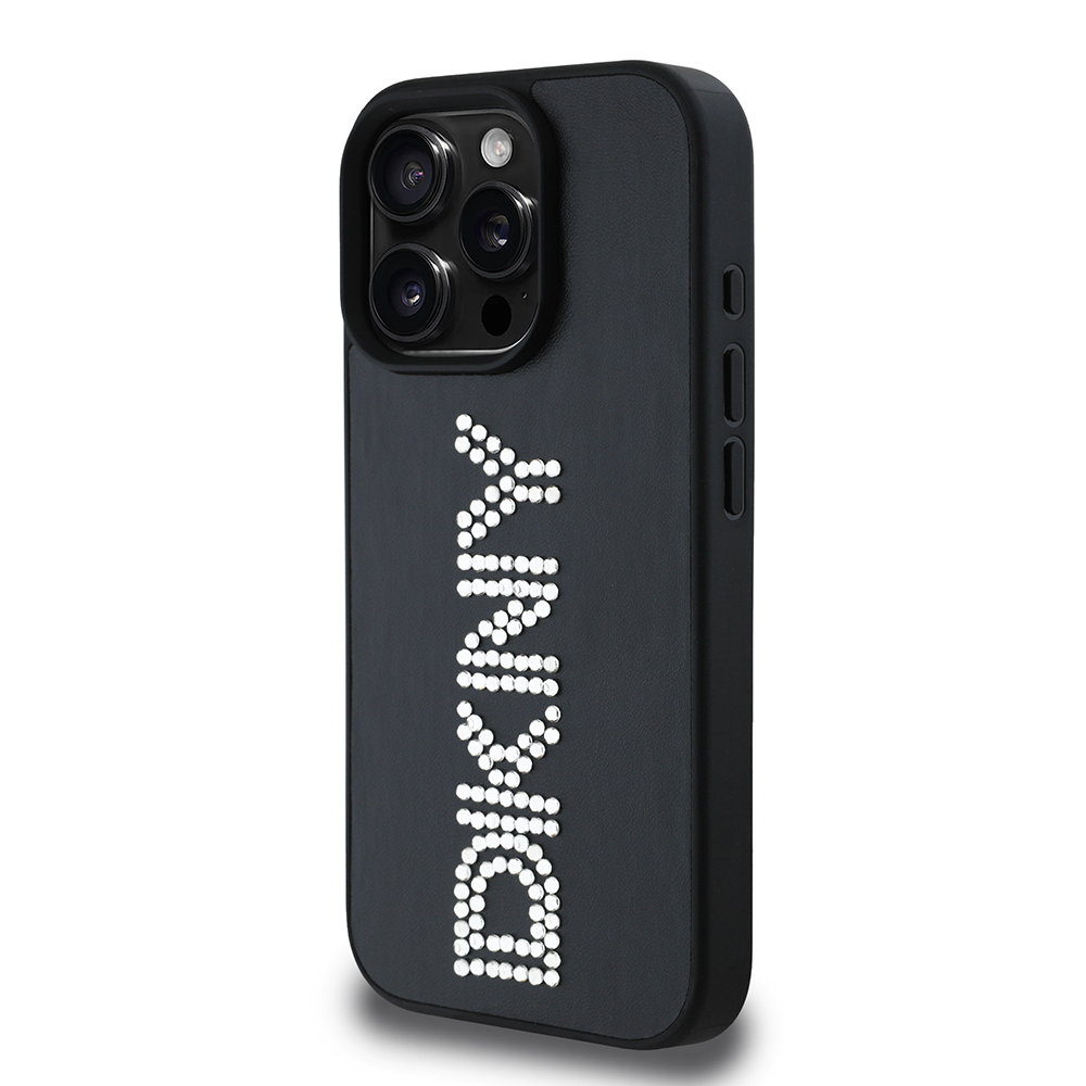 Apple iPhone 16 Pro Max Case DKNY Original Licensed Stone DKNY Written Metallic Rhinestones PU Leather Cover - 12