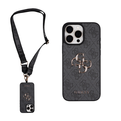Apple iPhone 16 Pro Max Case Guess Original Licensed 4G Large Metal Logo and Thick Strap Black
